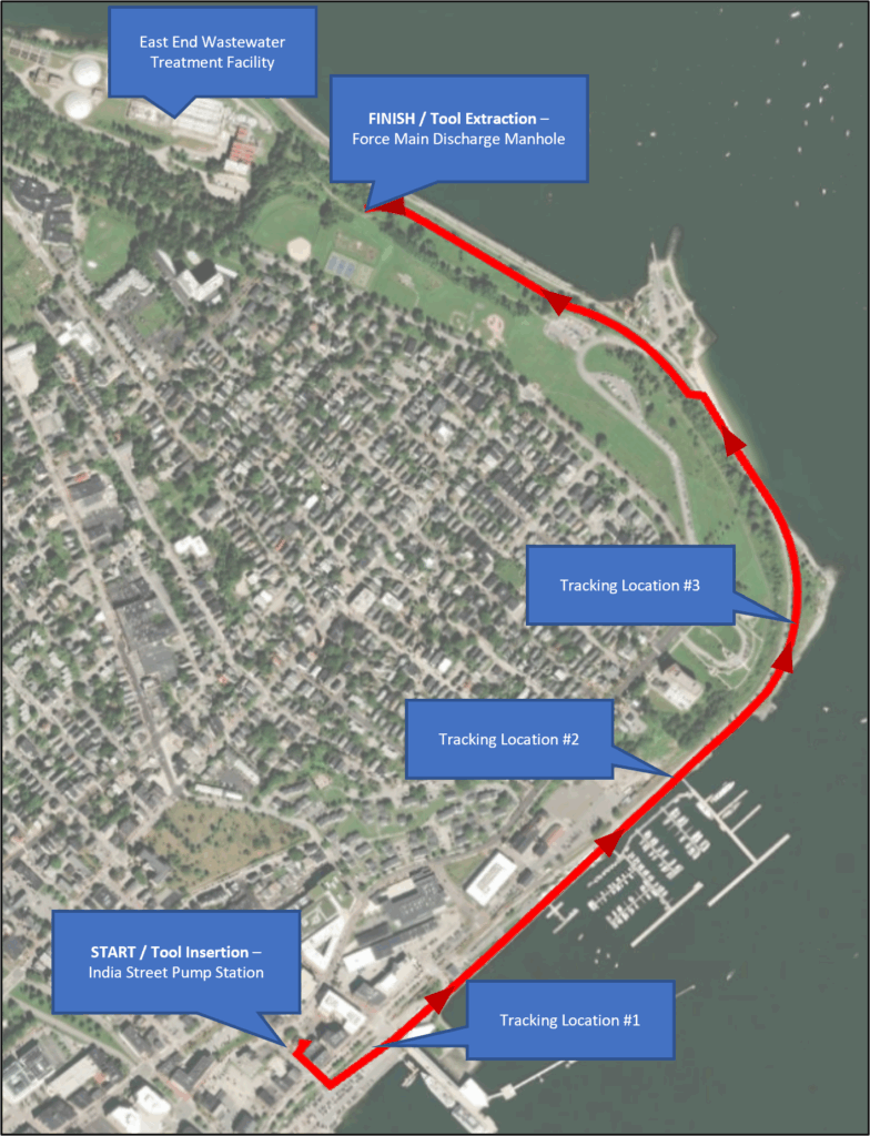 "Map showing a pipe route from India Street Pump Station to a discharge manhole with three tracking points."